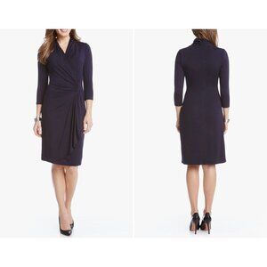 New Karen Kane Size L Cascade Faux Wrap Dress Navy Career, Office, Work *Defect*